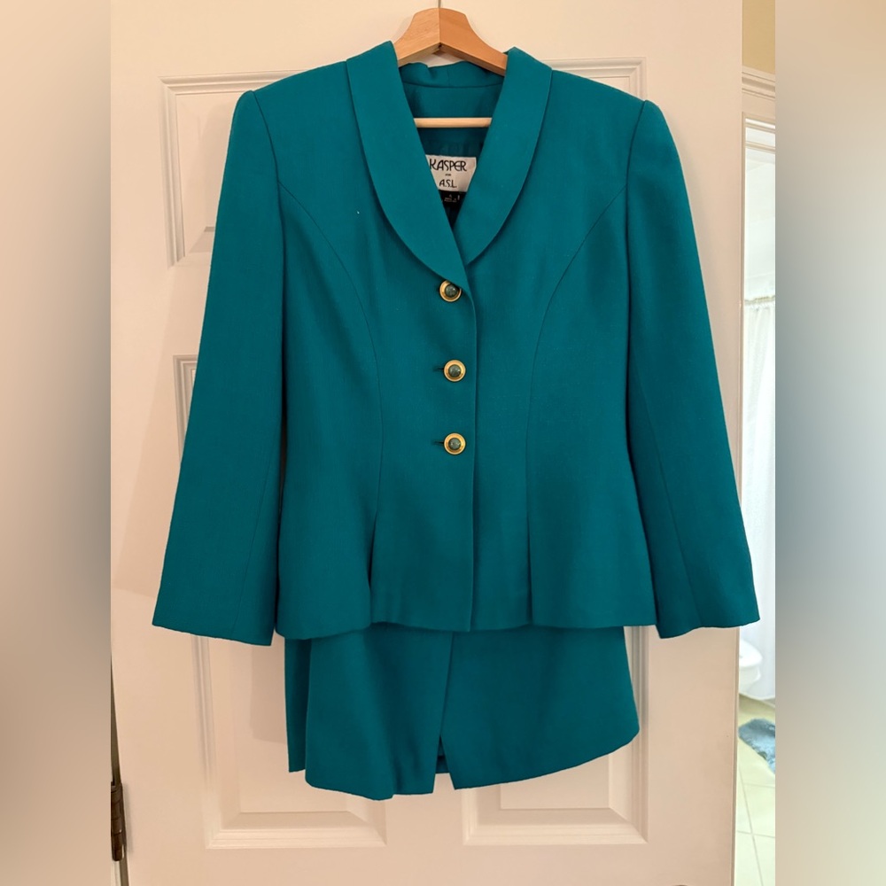 Kasper Teal Blazer Jacket and Skirt Set with Gold Buttons